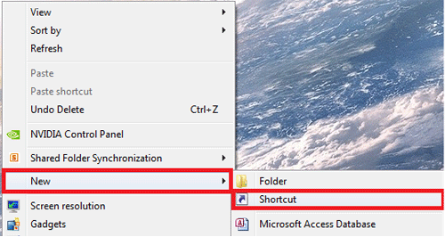 Windows 7 Desktop Properties, New, Shortcut